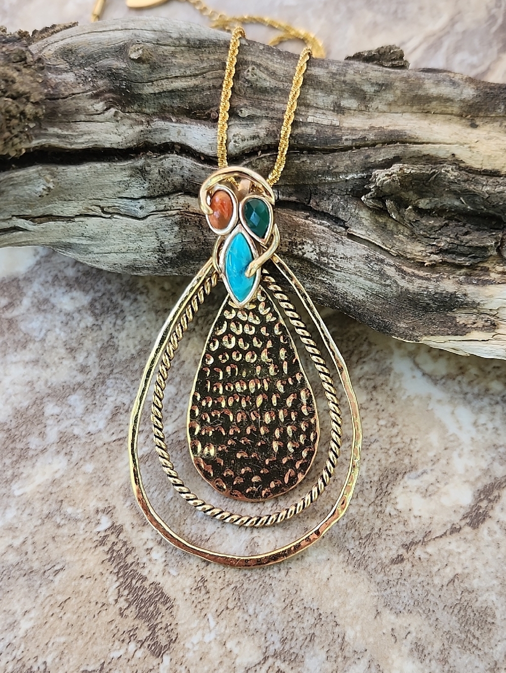 VTG BARSE BRONZE TURQUOISE/CORAL TEARDROP PENDANT